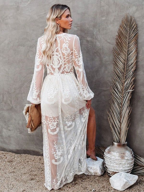 Maxi V-Neck Half Sleeves Lace Bohemian Long Dress