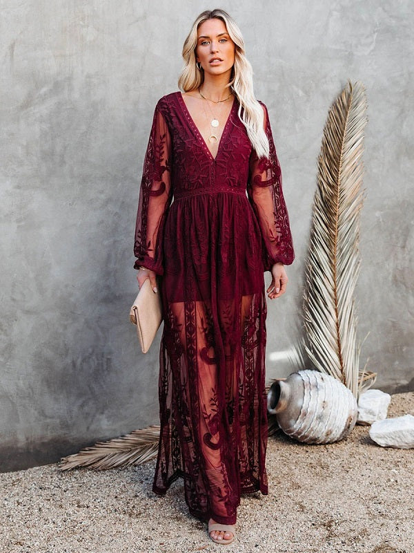 Maxi V-Neck Half Sleeves Lace Bohemian Long Dress