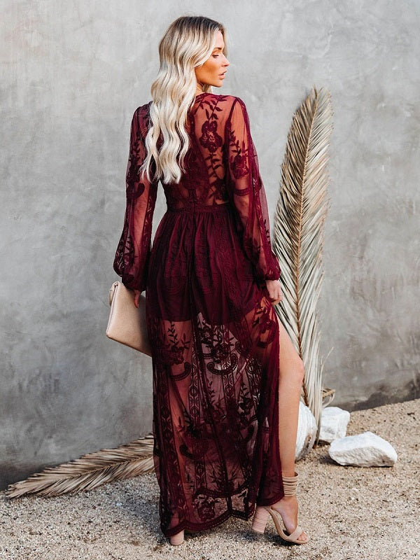 Maxi V-Neck Half Sleeves Lace Bohemian Long Dress