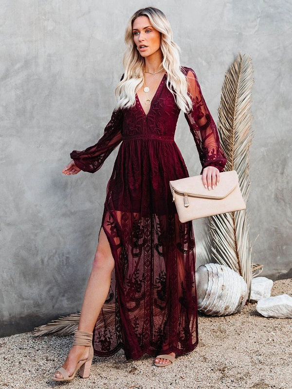 Maxi V-Neck Half Sleeves Lace Bohemian Long Dress