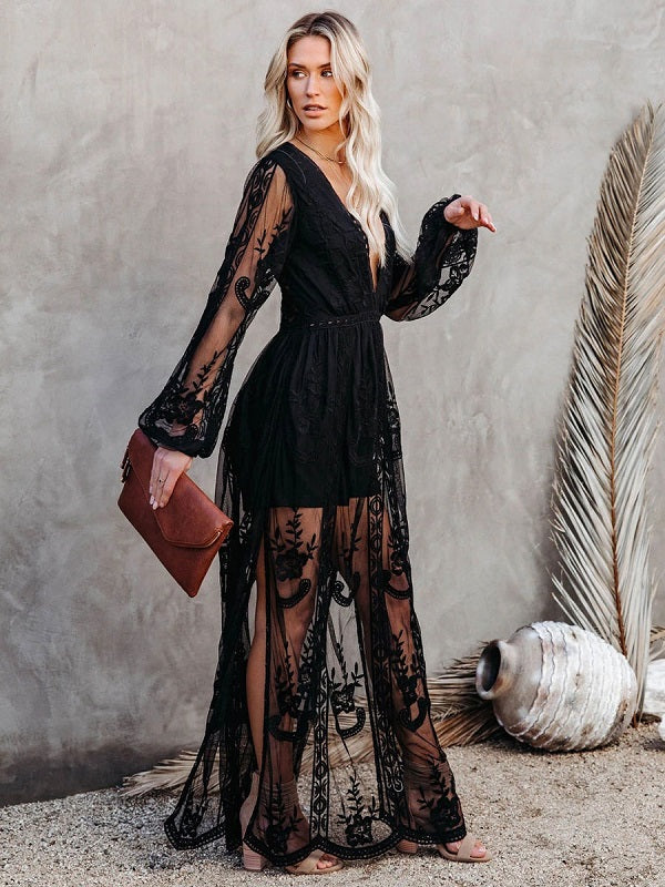 Maxi V-Neck Half Sleeves Lace Bohemian Long Dress