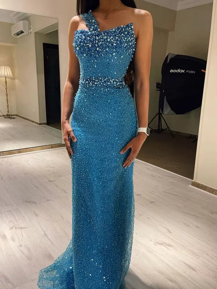 Mermaid Appliques Gorgeous Beads Sequined Sleeveless One Shoulder Formal Evening Maxi Dresses
