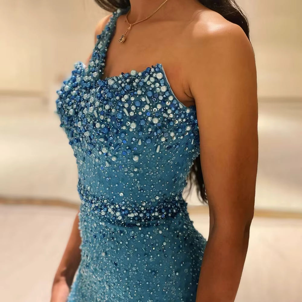 Mermaid Appliques Gorgeous Beads Sequined Sleeveless One Shoulder Formal Evening Maxi Dresses