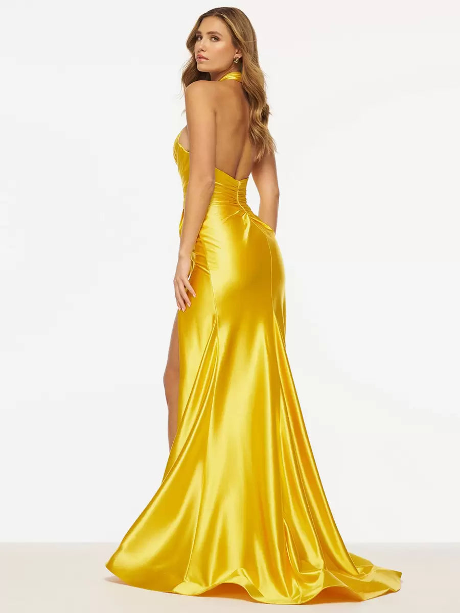 Mermaid Halter Satin Fabric Sweep Split Front Social Party Maxi Dress