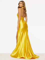 Mermaid Halter Satin Fabric Sweep Split Front Social Party Maxi Dress