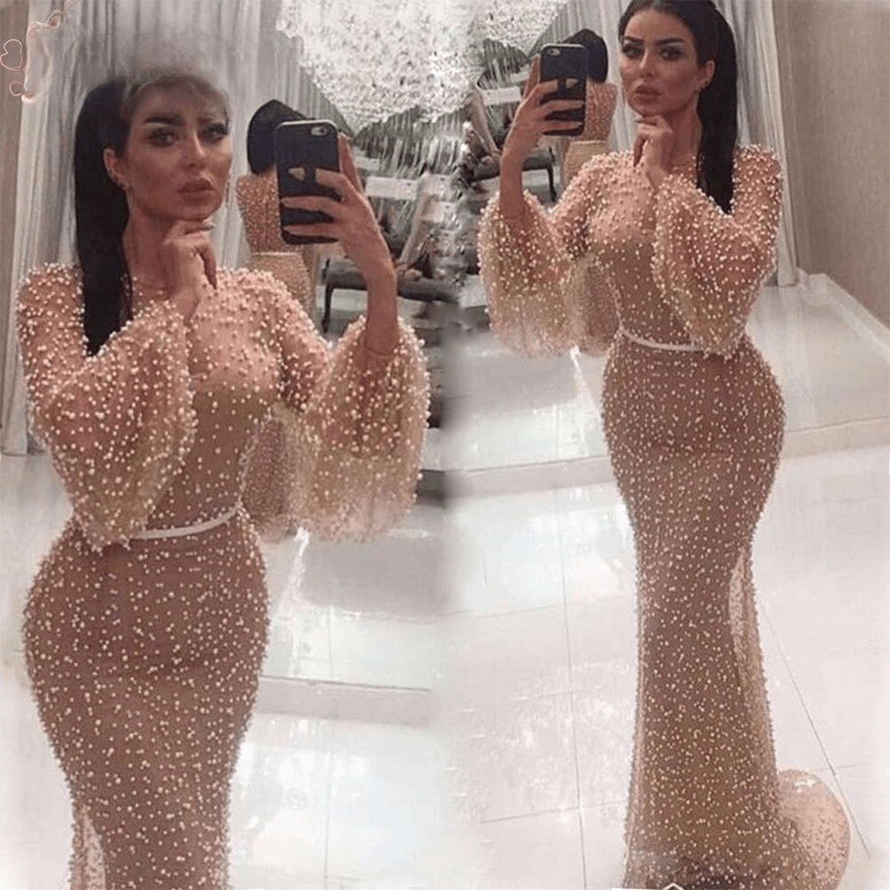 Evening Party Mermaid Long Sleeves Pearls Lace Formal Prom Wedding Party Gowns