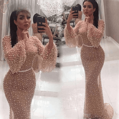 Evening Party Mermaid Long Sleeves Pearls Lace Formal Prom Wedding Party Gowns