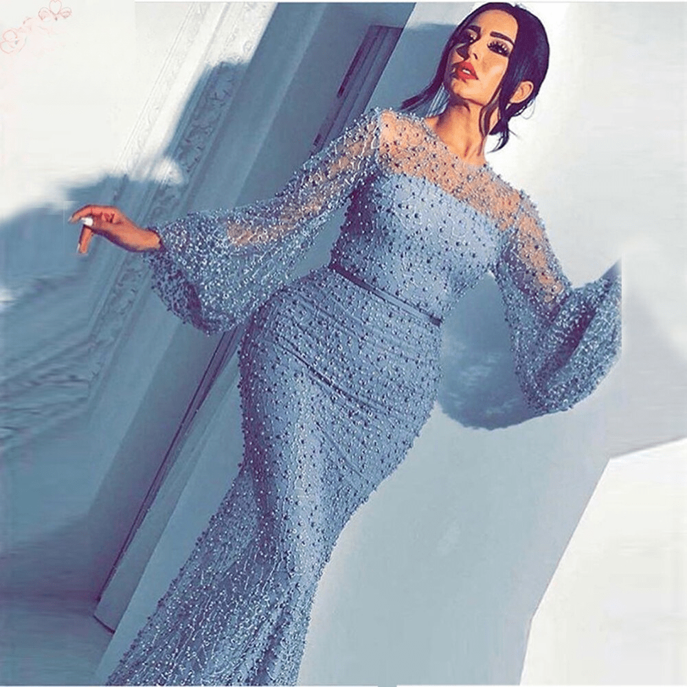 Evening Party Mermaid Long Sleeves Pearls Lace Formal Prom Wedding Party Gowns