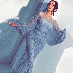 Evening Party Mermaid Long Sleeves Pearls Lace Formal Prom Wedding Party Gowns