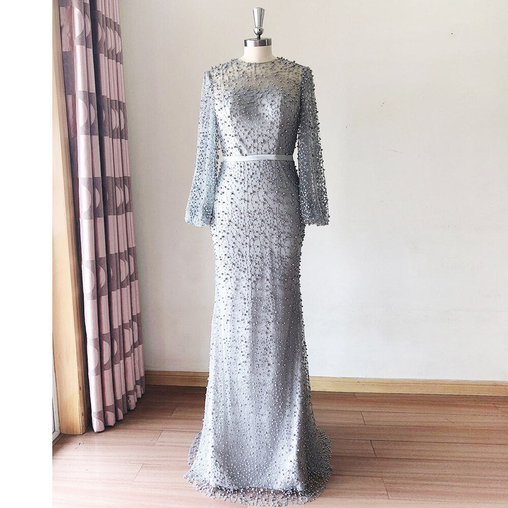Evening Party Mermaid Long Sleeves Pearls Lace Formal Prom Wedding Party Gowns