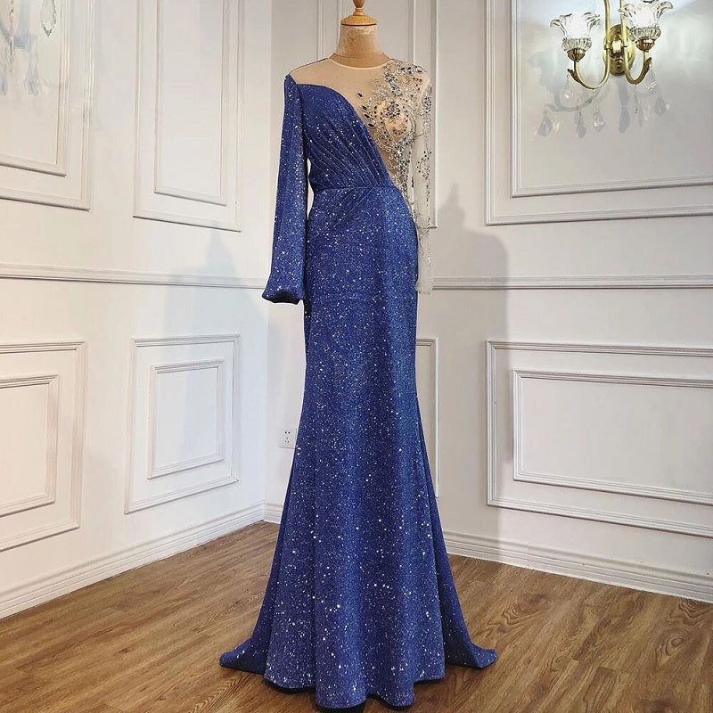 Mermaid O-Neck Long Sleeves Beading Sparkle Formal Dress