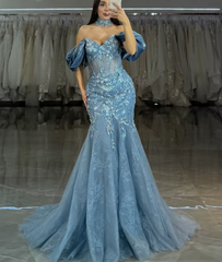 Mermaid One Shoulder Strapless Glitter Flowers Embroidery Prom Dresses