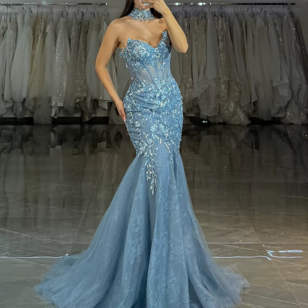 Mermaid One Shoulder Strapless Glitter Flowers Embroidery Prom Dresses