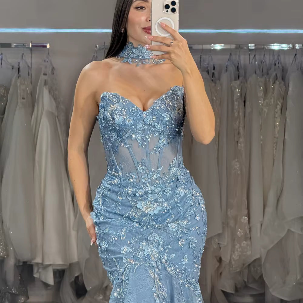 Mermaid One Shoulder Strapless Glitter Flowers Embroidery Prom Dresses