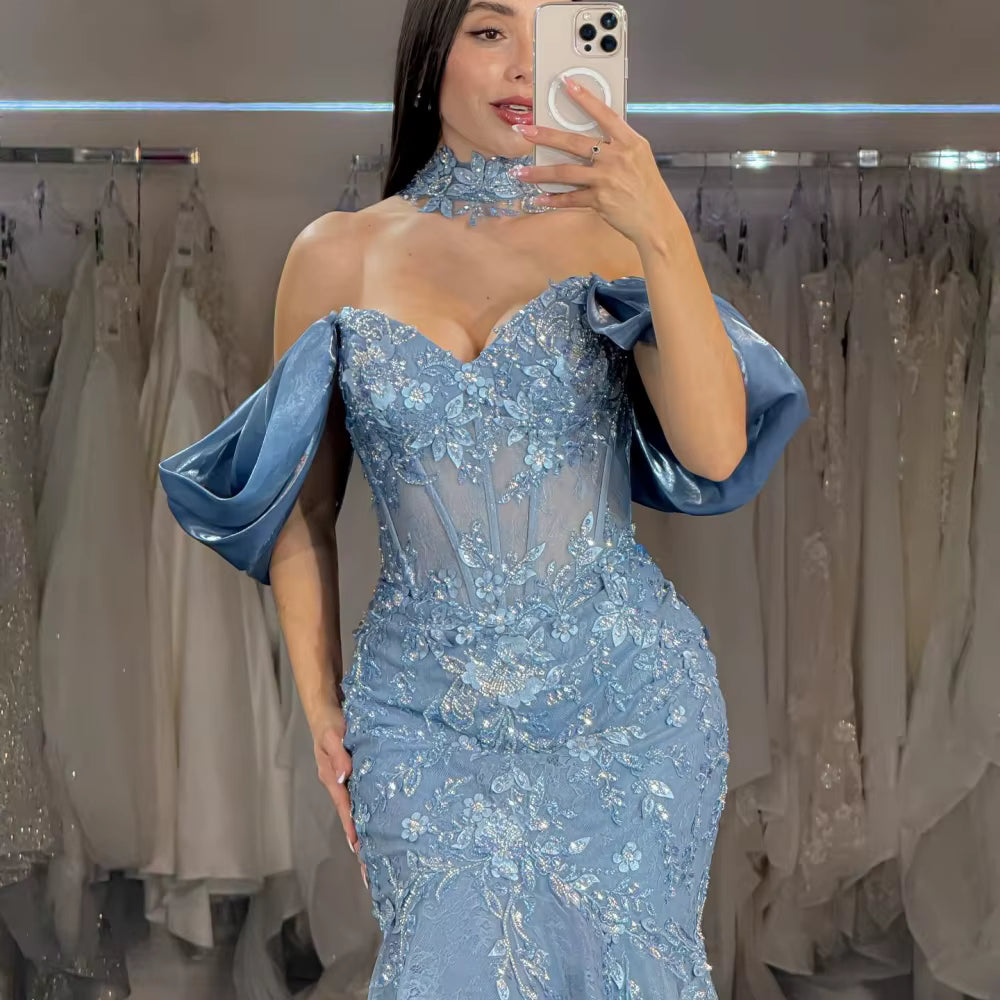 Mermaid One Shoulder Strapless Glitter Flowers Embroidery Prom Dresses