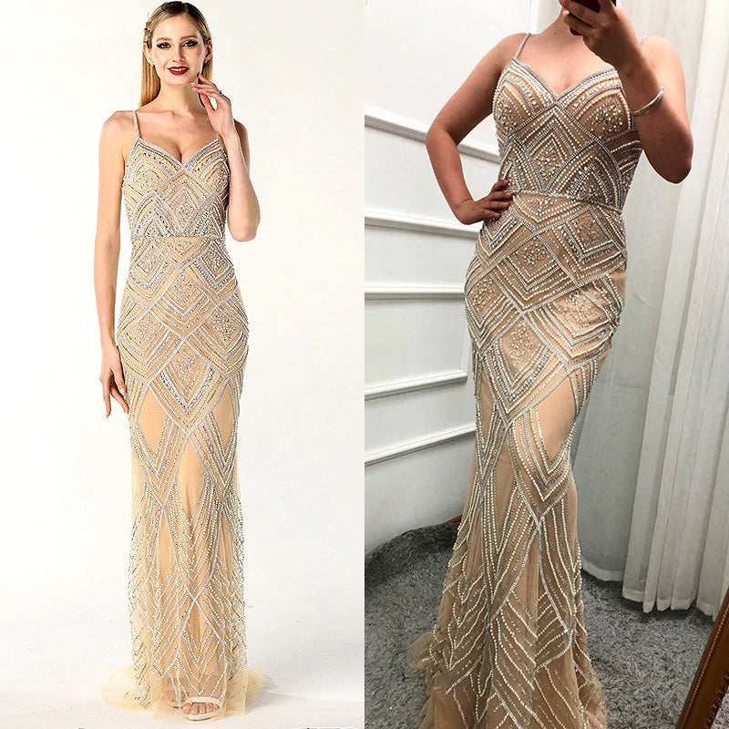 Mermaid Sleeveless Diamond Pearls Evening Gowns