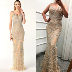 Mermaid Sleeveless Diamond Pearls Evening Gowns