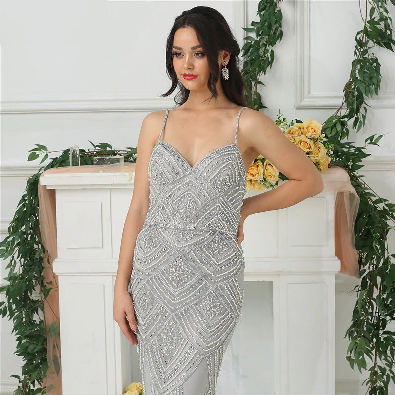 Mermaid Sleeveless Diamond Pearls Evening Gowns