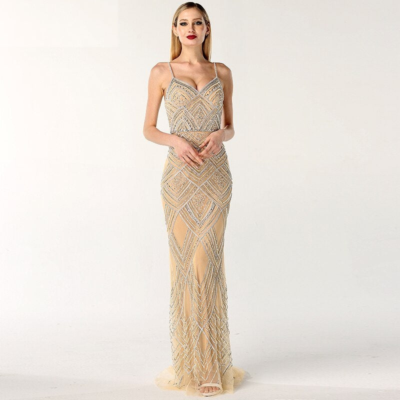 Mermaid Sleeveless Diamond Pearls Evening Gowns