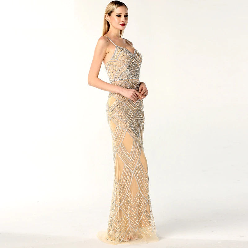 Mermaid Sleeveless Diamond Pearls Evening Gowns