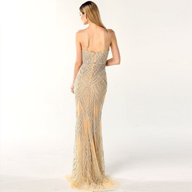 Mermaid Sleeveless Diamond Pearls Evening Gowns
