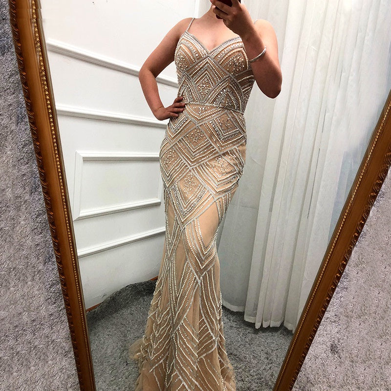 Mermaid Sleeveless Diamond Pearls Evening Gowns