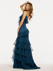 Mermaid V-Neck Satin Fabric Sweep Pleated Formal Party Maxi Dresses