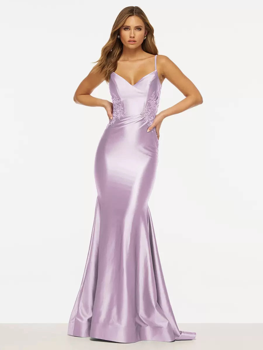 Elegant Mermaid V-Neck Sweep Sleeveless Backless Lace Satin Prom Dress