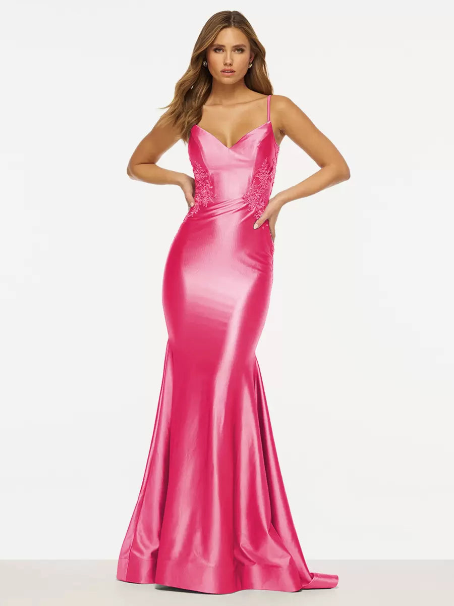 Elegant Mermaid V-Neck Sweep Sleeveless Backless Lace Satin Prom Dress
