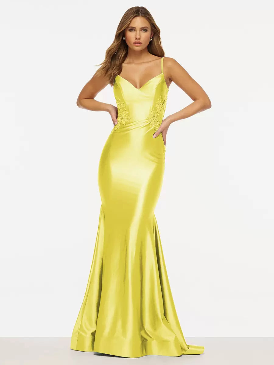 Elegant Mermaid V-Neck Sweep Sleeveless Backless Lace Satin Prom Dress