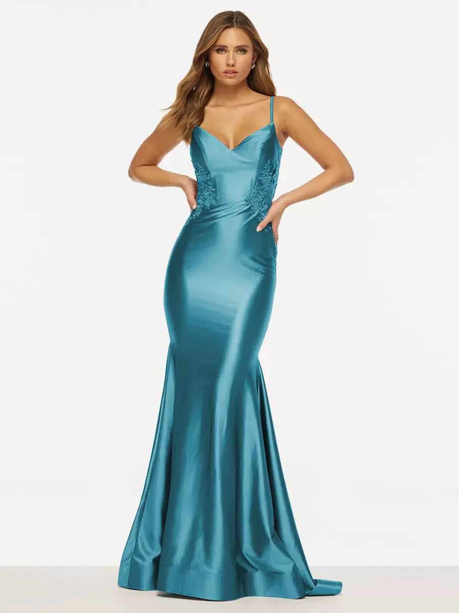 Elegant Mermaid V-Neck Sweep Sleeveless Backless Lace Satin Prom Dress