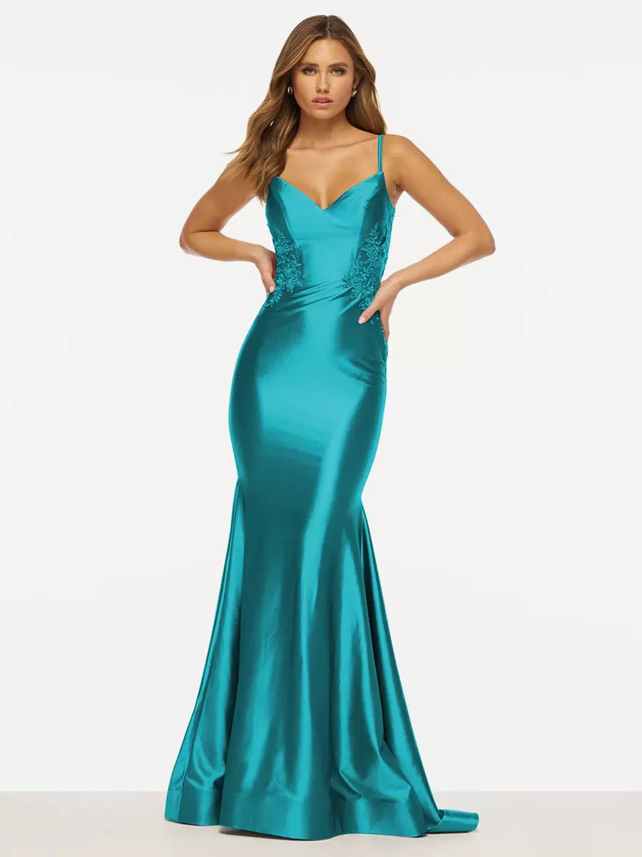 Elegant Mermaid V-Neck Sweep Sleeveless Backless Lace Satin Prom Dress