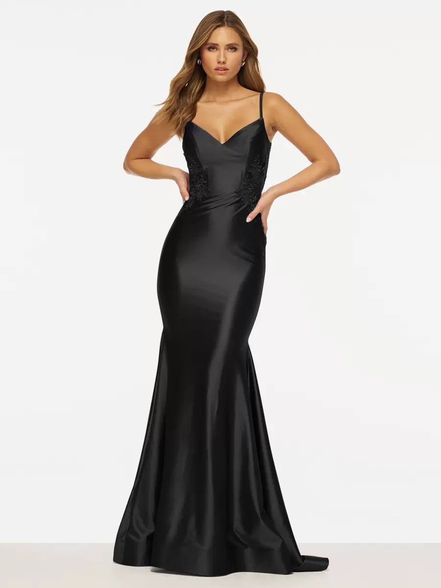 Elegant Mermaid V-Neck Sweep Sleeveless Backless Lace Satin Prom Dress