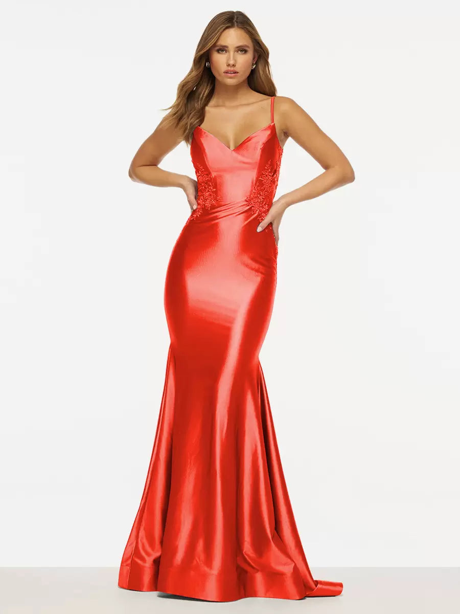 Elegant Mermaid V-Neck Sweep Sleeveless Backless Lace Satin Prom Dress