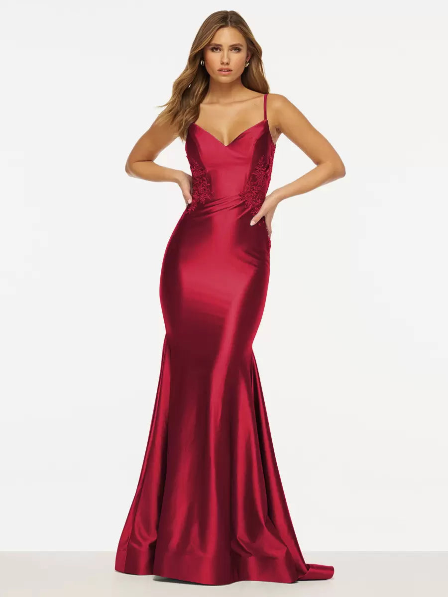 Elegant Mermaid V-Neck Sweep Sleeveless Backless Lace Satin Prom Dress