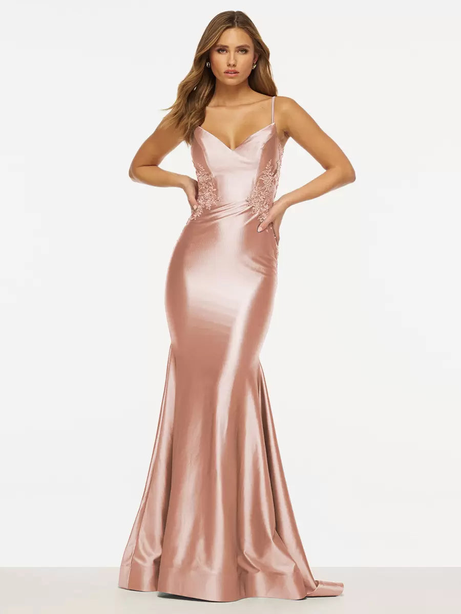 Elegant Mermaid V-Neck Sweep Sleeveless Backless Lace Satin Prom Dress
