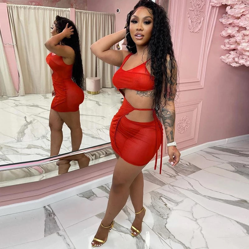 Mesh Bandage Hollow Out Party Clubwear Bodycon Mini Dress