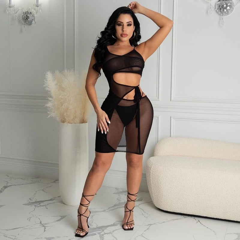 Mesh Bandage Hollow Out Party Clubwear Bodycon Mini Dress
