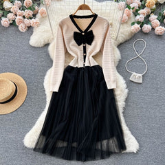 Mesh Bow V Neck Elegant A Line Knit Long Dress