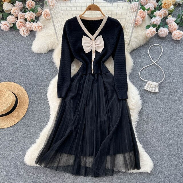 Mesh Bow V Neck Elegant A Line Knit Long Dress