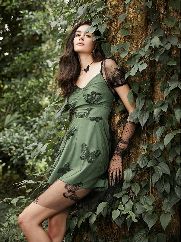 Mesh Butterfly Lace Up Open Back Short Sleeve Dress