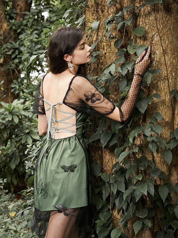 Mesh Butterfly Lace Up Open Back Short Sleeve Dress