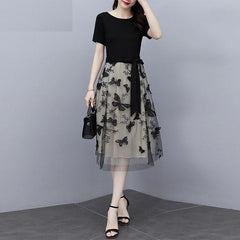 Mesh Casual O Neck Short Sleeve Midi Dress