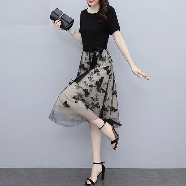 Mesh Casual O Neck Short Sleeve Midi Dress