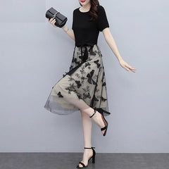 Mesh Casual O Neck Short Sleeve Midi Dress