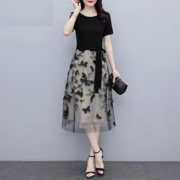 Mesh Casual O Neck Short Sleeve Midi Dress