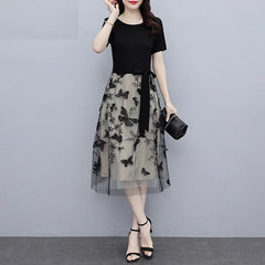 Mesh Casual O Neck Short Sleeve Midi Dress