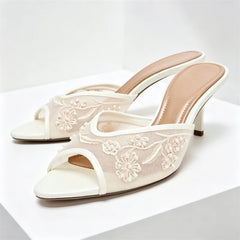Mesh Embroidery String Bead Slippers Peep Toe Thin Heel