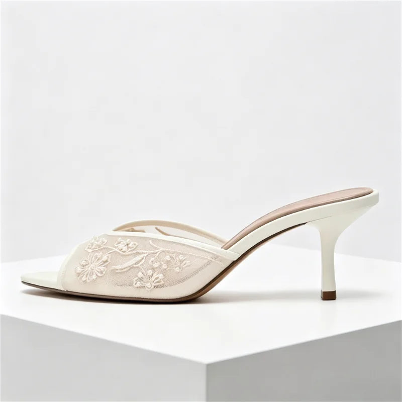 Mesh Embroidery String Bead Slippers Peep Toe Thin Heel