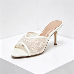 Mesh Embroidery String Bead Slippers Peep Toe Thin Heel